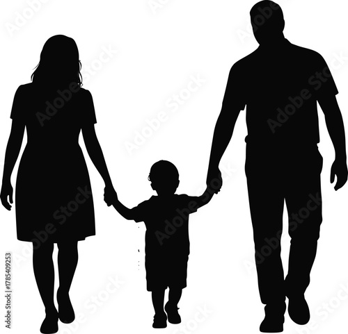 Family silhouette walking, parents holding child’s hands, family unity, parenting love, togetherness, family connection, parenthood art, happy family, family lifestyle