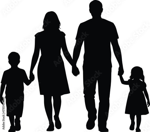 Family silhouette, parents holding children’s hands, mom dad son daughter, family unity, love, parenting, togetherness, black and white art