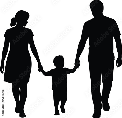 Family silhouette walking, parents holding child’s hands, family unity, parenting love, togetherness, family connection, parenthood art, happy family, family lifestyle