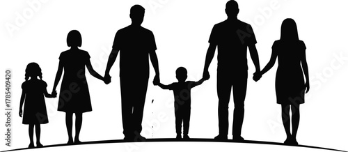Family silhouettes holding hands, parents and children unity, family connection, love, parenting illustration, togetherness, family harmony, family lifestyle art