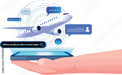 Transparent Template travel assistance with futuristic AI-powered chatbot for smartphones. Assistant provides smart and responsive customer service, ensuring hassle-free flight booking. 3 Countries