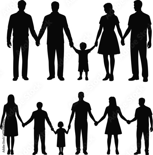 Family silhouettes holding hands, unity, togetherness, parents and children, family love, connection, parenting, support, harmony, black silhouettes, community, relationship
