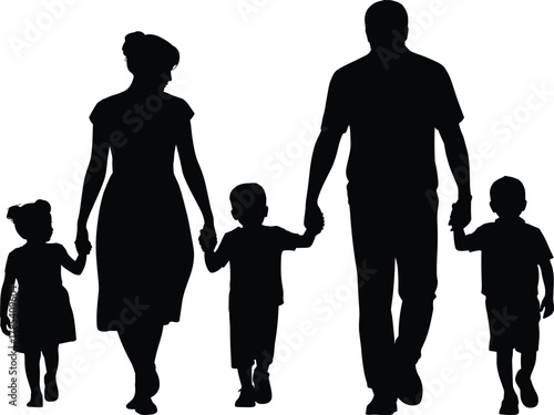 Family silhouettes walking together, parents with children, unity, love, bonding, parenting, togetherness, black silhouettes, lifestyle, family connection, happiness
