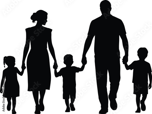 Family silhouettes walking together, parents with children, unity, love, bonding, parenting, togetherness, black silhouettes, lifestyle, family connection, happiness