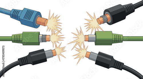 Broken Electrical Cables Sparking Vector Illustration