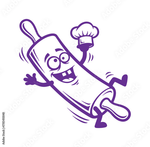 Cheerful rolling pin character wearing chef hat ready to bake delicious goods in kitchen