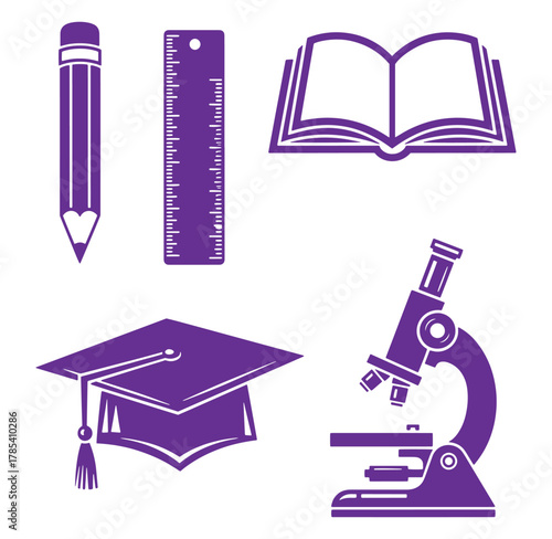 Education themed vector illustration with pencil ruler open book graduation cap and microscope