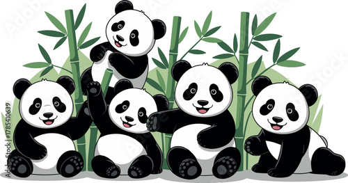 Cute Group of Baby Pandas with Bamboo Forest Vector Illustration