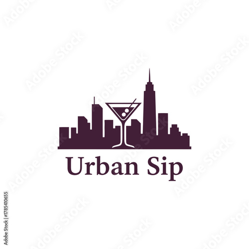 A cityscape silhouette with a martini glass icon, representing urban cocktails. Text appears beneath