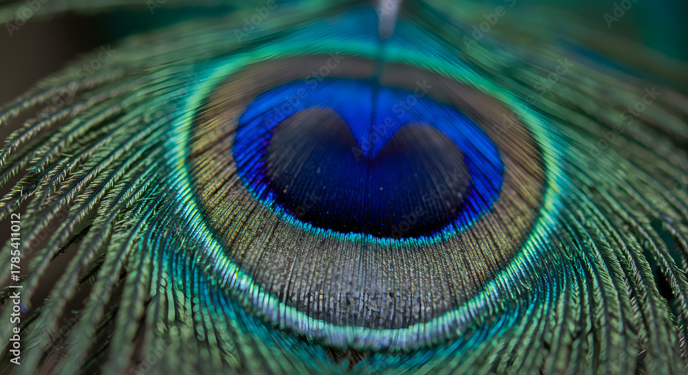 Obraz premium Close-up reveals the intricate details of a vibrant peacock feather, showcasing its iridescent blues and greens with a depth of field that highlights textures and creates a captivating, abstract