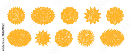 Yellow crayon drawn starburst stickers with scallop and wiggle edges. Hand drawn vector price tags, sale coupon labels with pencil texture. Funky starburst round stamp and promo stickers.