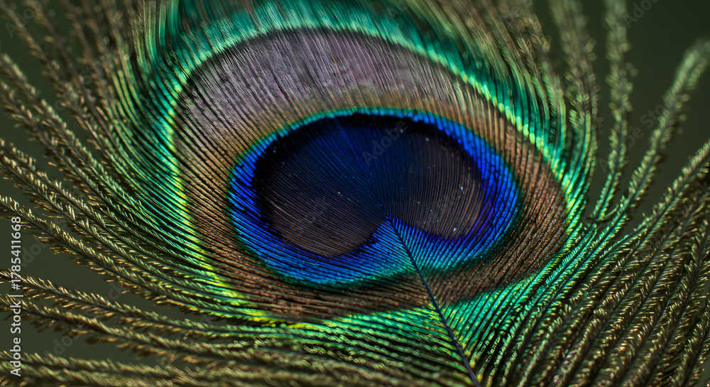 Obraz premium Detailed macro shot showcasing the iridescent colors and intricate textures of a single peacock feather, emphasizing its vibrant blue, green, and gold hues with a shallow depth of field, highlighting