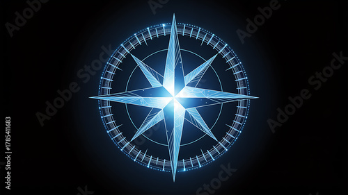 Blue Neon Compass Rose with Starburst and Digital Grid on Black navigation direction