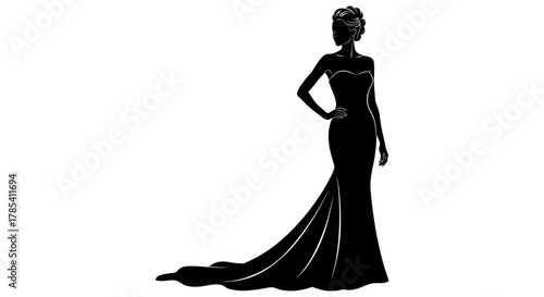Elegant woman silhouette in black gown vector graphic illustration