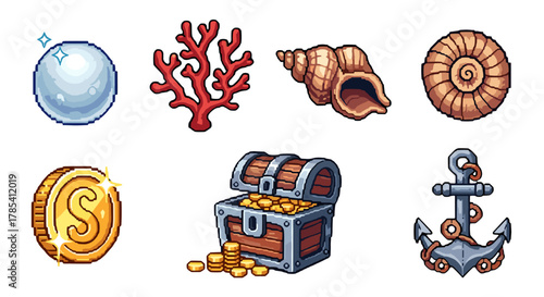 Pixel Art Ocean Treasure Icons Set Featuring Pearl Coral Seashell Ammonite Coin Chest Anchor