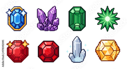 Collection of Pixel Art Gemstones and Crystals Isolated on Transparent Background for Game Assets