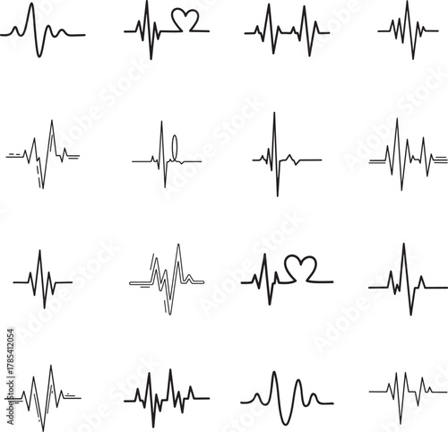 Heartbeat Lines line art collection. Includes line art symbols EKG, ECG, pulse, cardio, rhythm and more. Isolated graphics. Heartbeat graphics set. 