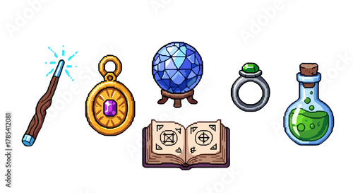 Magical Fantasy Game Icons Collection With Spellbook Potion Ring Crystal Ball And Wand Isolated On Transparent Background