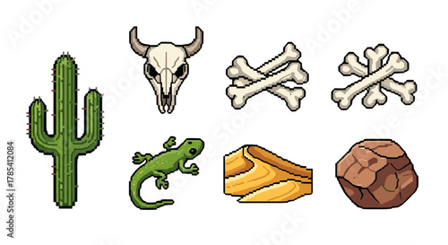 Pixel Art Desert Elements Collection with Cactus Skull Lizard Sandstone and Bones