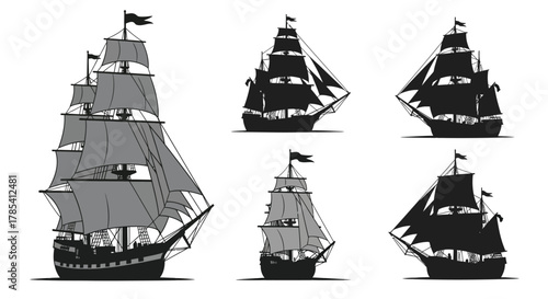 Six pirate ship silhouette vector images for nautical illustrations