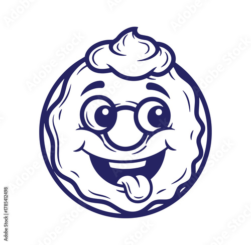 Friendly smiling donut character with glasses and tongue sticking out in fun illustration