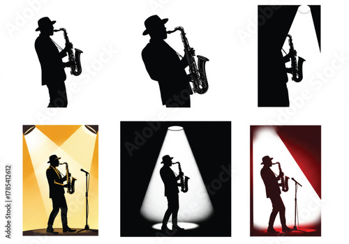 Saxophone player silhouette performing under stage spotlight, elegant jazz musician vector illustration, live concert performance with microphone and dramatic lighting background design