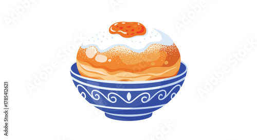 A vibrant illustration of a sweet, jelly-filled donut (sufganiyah) topped with white icing and orange jam, presented in a decorative blue bowl.