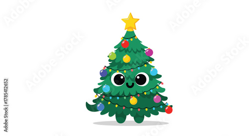 A cute and cheerful cartoon Christmas tree character, adorned with colorful baubles and a shining star, smiles happily on a clean white background.