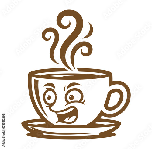 Funny cartoon illustration of a smiling coffee cup with steaming hot beverage served