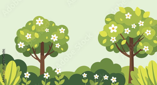 A vibrant, cheerful cartoon landscape with two blossoming trees, green bushes, and small white flowers under a light green sky.