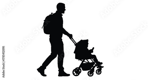Silhouette father pushing stroller baby outdoor parenting lifestyle