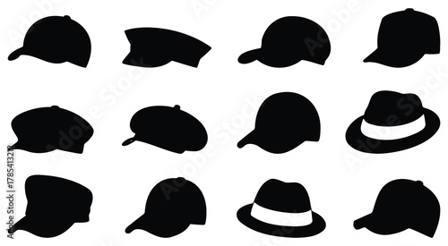 Black Hat Silhouette Set – fashion headwear icons, classic and modern hat shapes vector