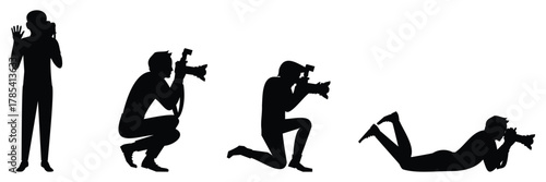 Photographer Action Icons – camera man silhouette poses, taking photo positions, professional photography vector set
