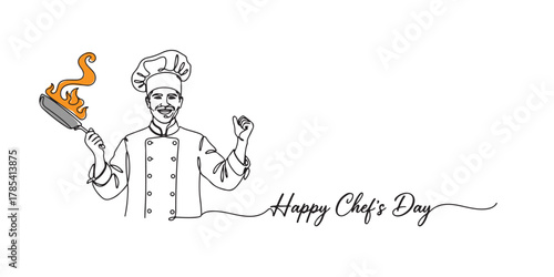 Minimalist line art of a smiling chef holding a flaming frying pan, wearing a traditional chef’s hat and coat. Includes the text “Happy Chef’s Day.” ,culinary celebration graphics, food festival.