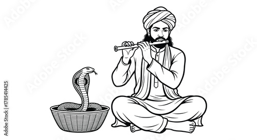 Snake charmer illustration cobra flute turban basket indian culture clip