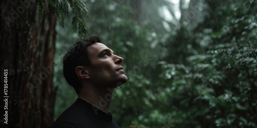 Man gazing up during rainfall in a lush forest, surrounded by towering trees in a serene atmosphere.