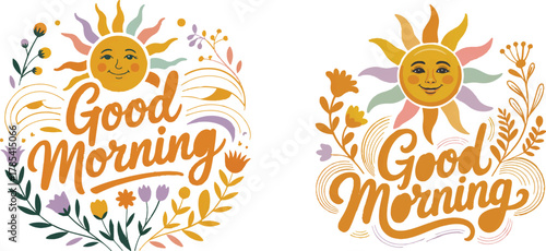 Cheerful suns with floral accents and morning greetings