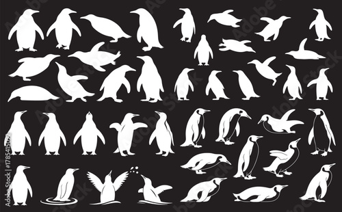 a variety of penguin silhouettes in different poses and actions