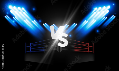 Versus Screen For Fight of sport and game, Battle Or Sport. Boxing ring arena and spotlight floodlights VS bright stadium lights Background Concept vector design