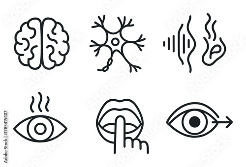 Neuroscience icons: brain, neurons, and senses on dark background