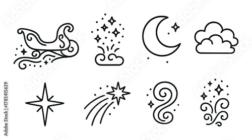 Decorative celestial icons: moon, stars, sleigh, cloud in black outline on gray