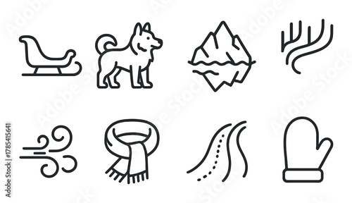 Winter icons collection: sled, dog, mountains, trees, wind, scarf, mittens