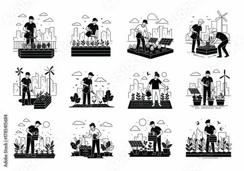 Urban gardening vector illustration showing people growing plants and vegetables on city rooftops, eco-friendly lifestyle, sustainable agriculture concept in modern environment