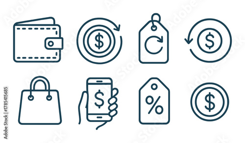 Financial icons collection: wallet, coin, price tag, shopping bag, smartphone