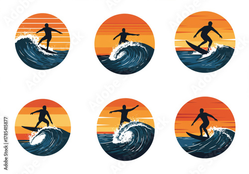 Surfer riding big ocean wave vector illustration, tropical beach sunset background, summer adventure, water sport design, sea travel, surf lifestyle concept art