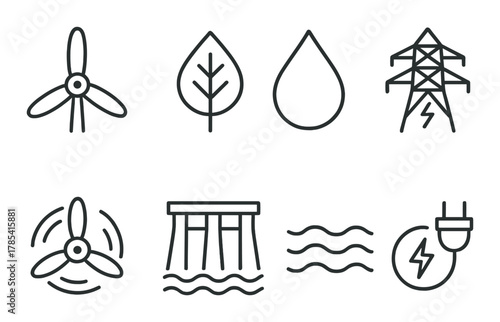 Renewable energy icons: wind, solar, hydro, and green energy symbols
