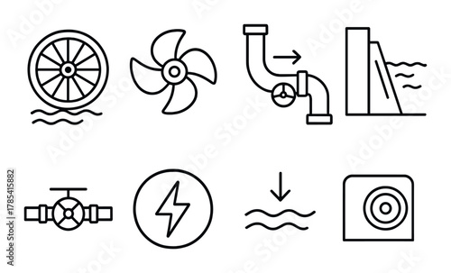 Hydropower elements: turbine, dam, pipe, flow, energy symbols
