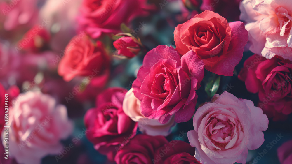 Fototapeta premium Elegant Valentine Romantic Red and Pink Roses Blooming Background