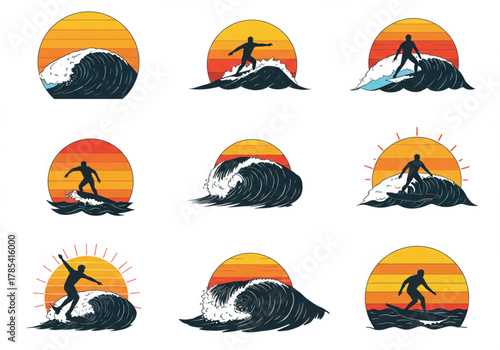 Surfing vector illustration collection with sunset background, ocean wave design, surfer silhouettes, tropical beach adventure art, summer sea sport concept