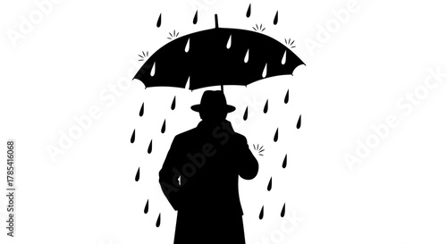 Silhouette man with umbrella in rain vector illustration image